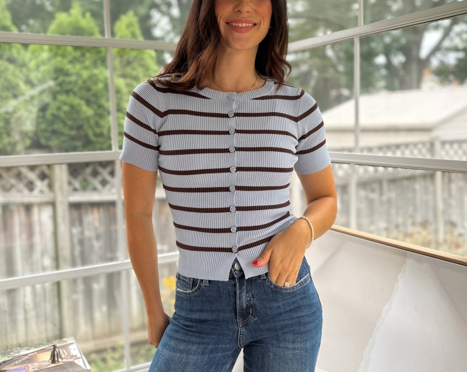 'Collegiate Cutie' Stripe Button Front Split Hem Short Sleeve Top - Love and Lee Apparel