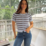 'Collegiate Cutie' Stripe Button Front Split Hem Short Sleeve Top - Love and Lee Apparel