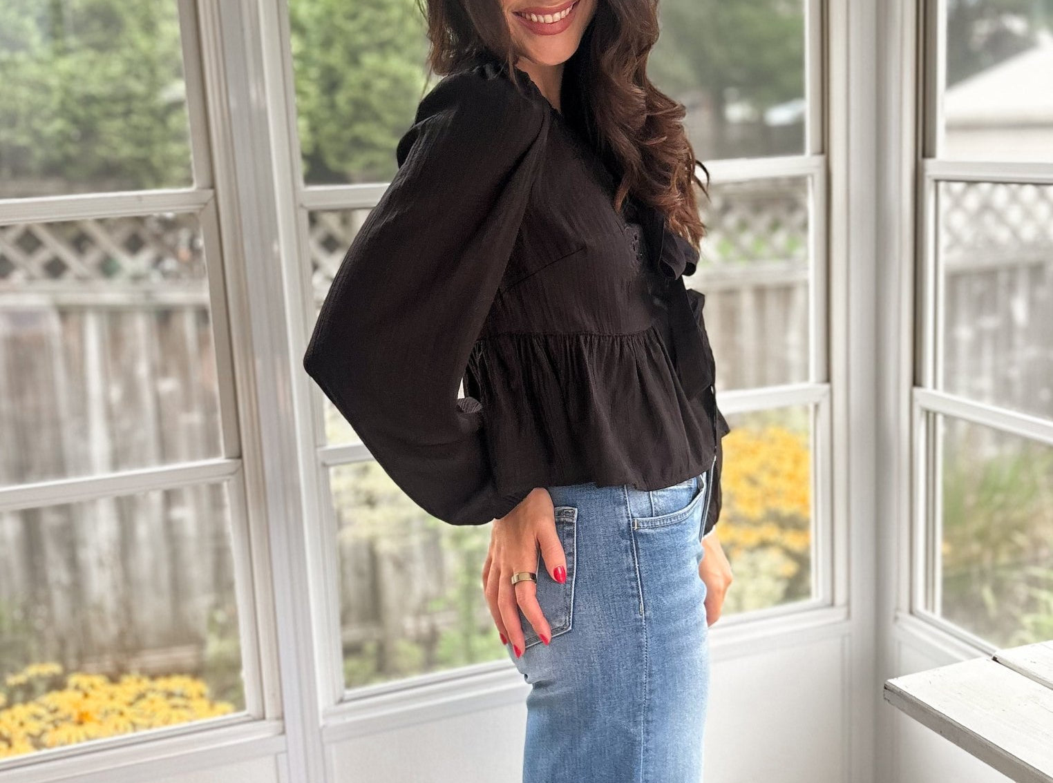 The Stevie Floral Eyelet Embroidery Front Tie Long Sleeve Top - Love and Lee Apparel