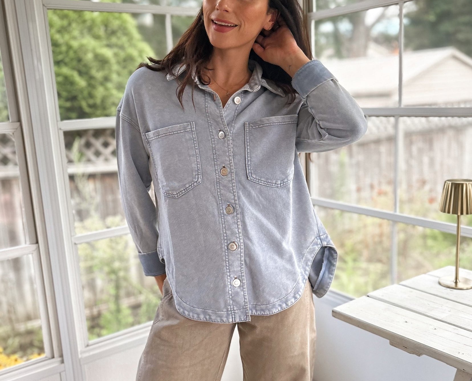 The Indie Acid Washed Collared Button Down Knit Shacket - Love and Lee Apparel