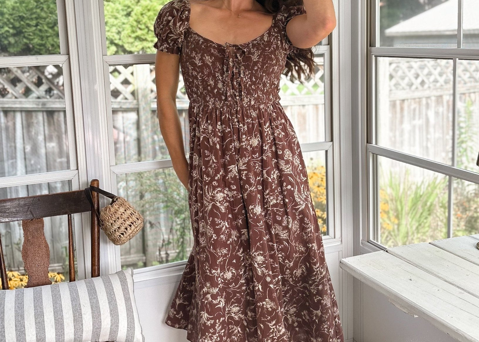 The Elphie Floral Toile Front Tie Smocked Midi Dress - Love and Lee Apparel