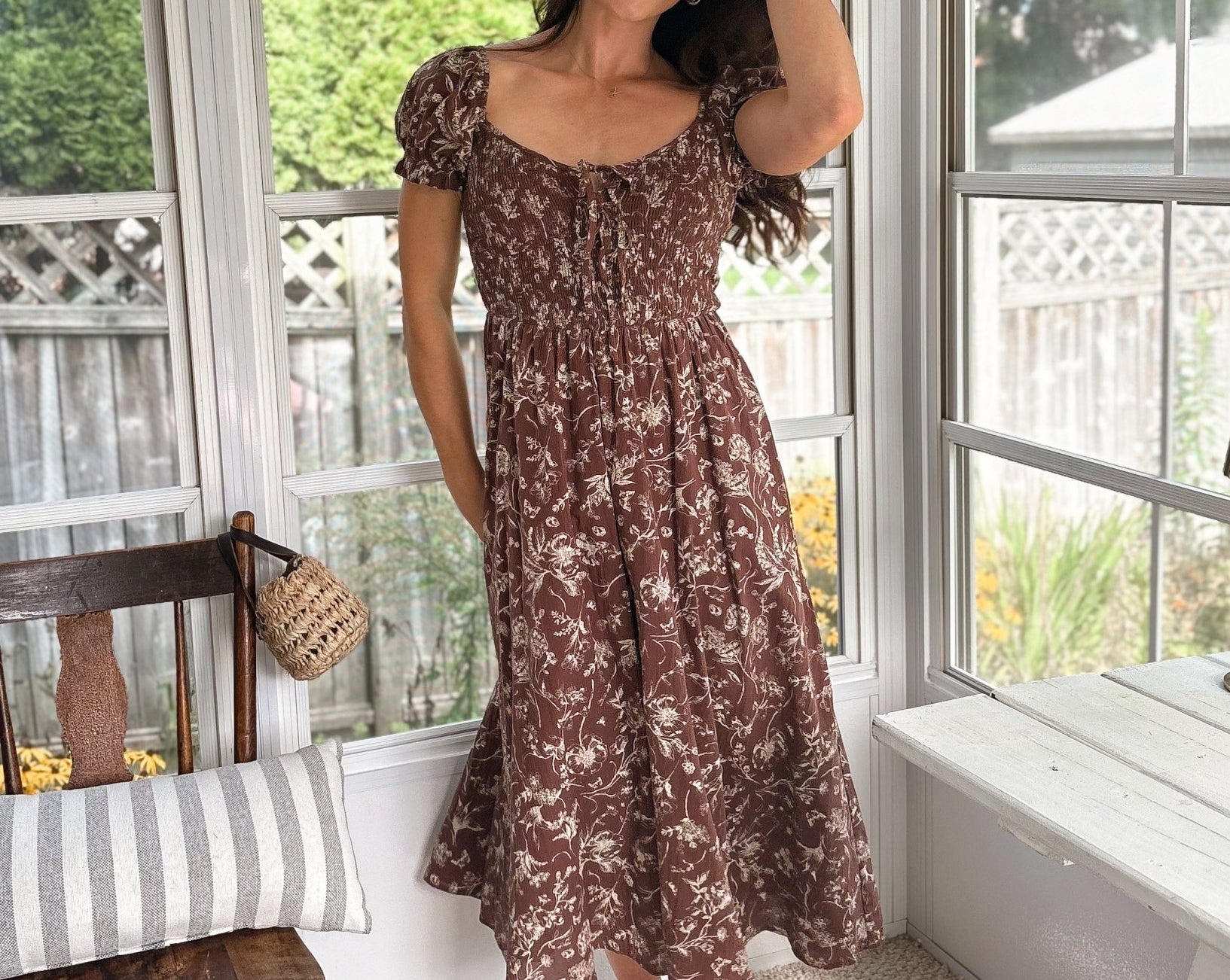 The Elphie Floral Toile Front Tie Smocked Midi Dress - Love and Lee Apparel