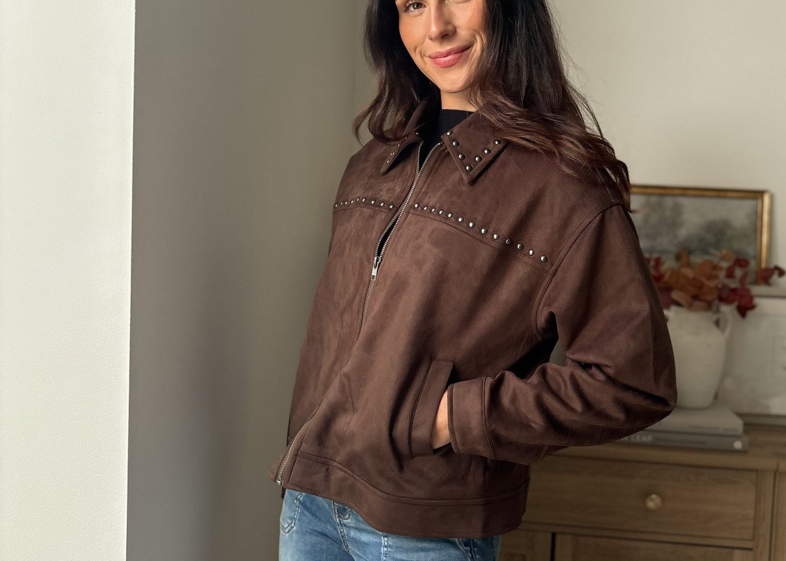 The 'Cozy Fireside' Studded Collared Zip-Up Suede Jacket - Love and Lee Apparel