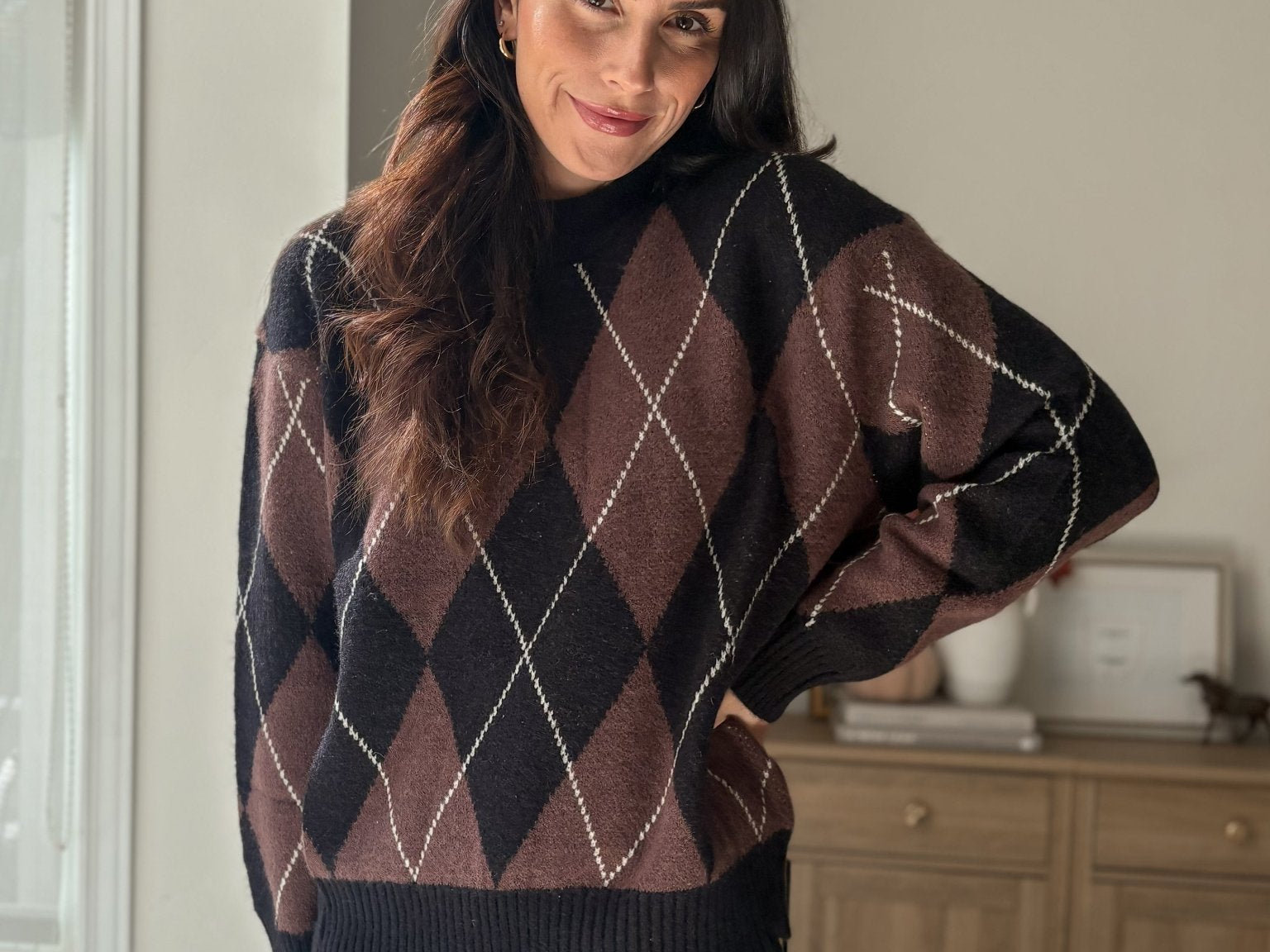 The 'Giving Season' Oversized Argyle Crew Neck Knit Pullover - Love and Lee Apparel