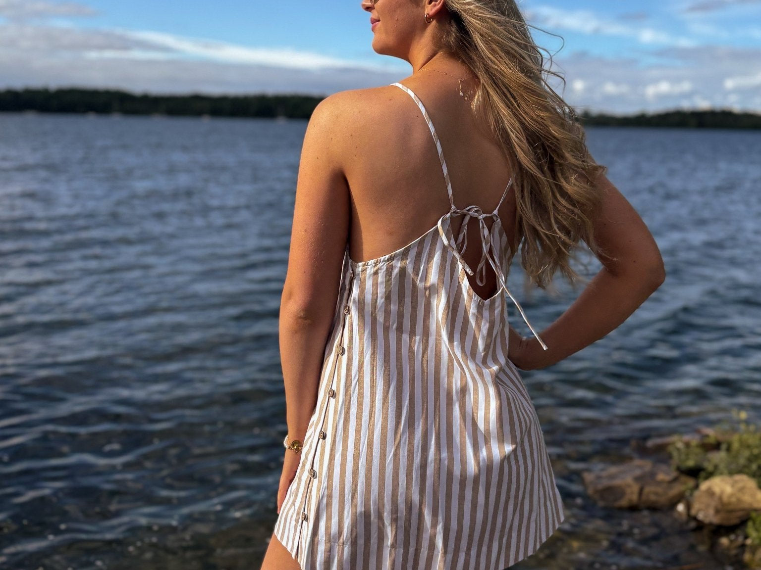 Muskoka Striped Straight Neck Knee-Length Dress in Beige - Love and Lee Apparel
