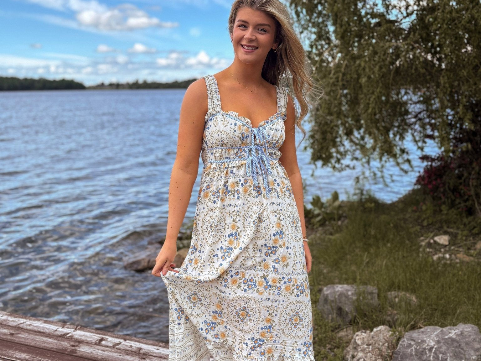 Seaview Border Floral Sleeveless Front Tie Midi Dress - Love and Lee Apparel
