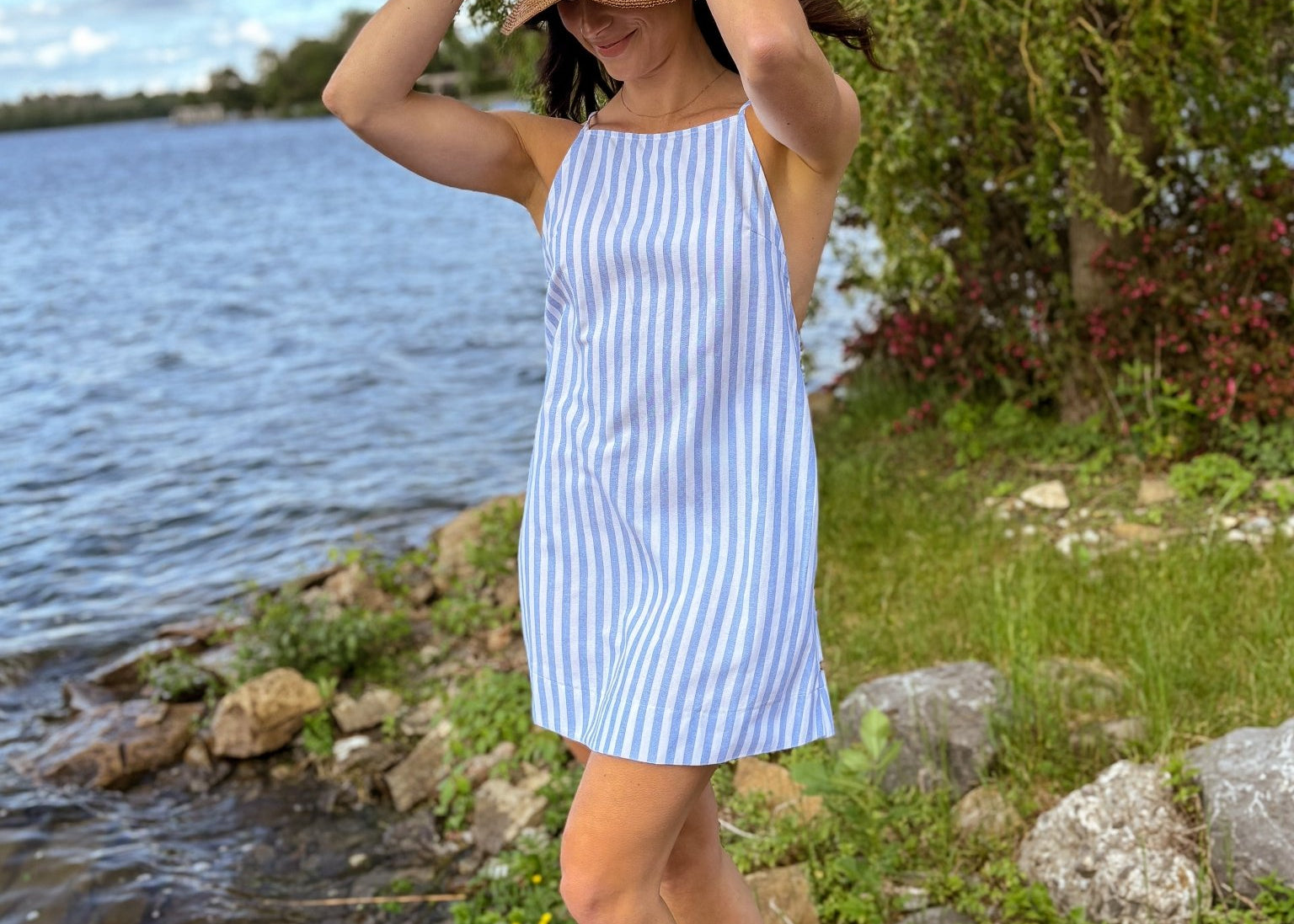 Muskoka Striped Straight Neck Knee-Length Dress in Blue - Love and Lee Apparel