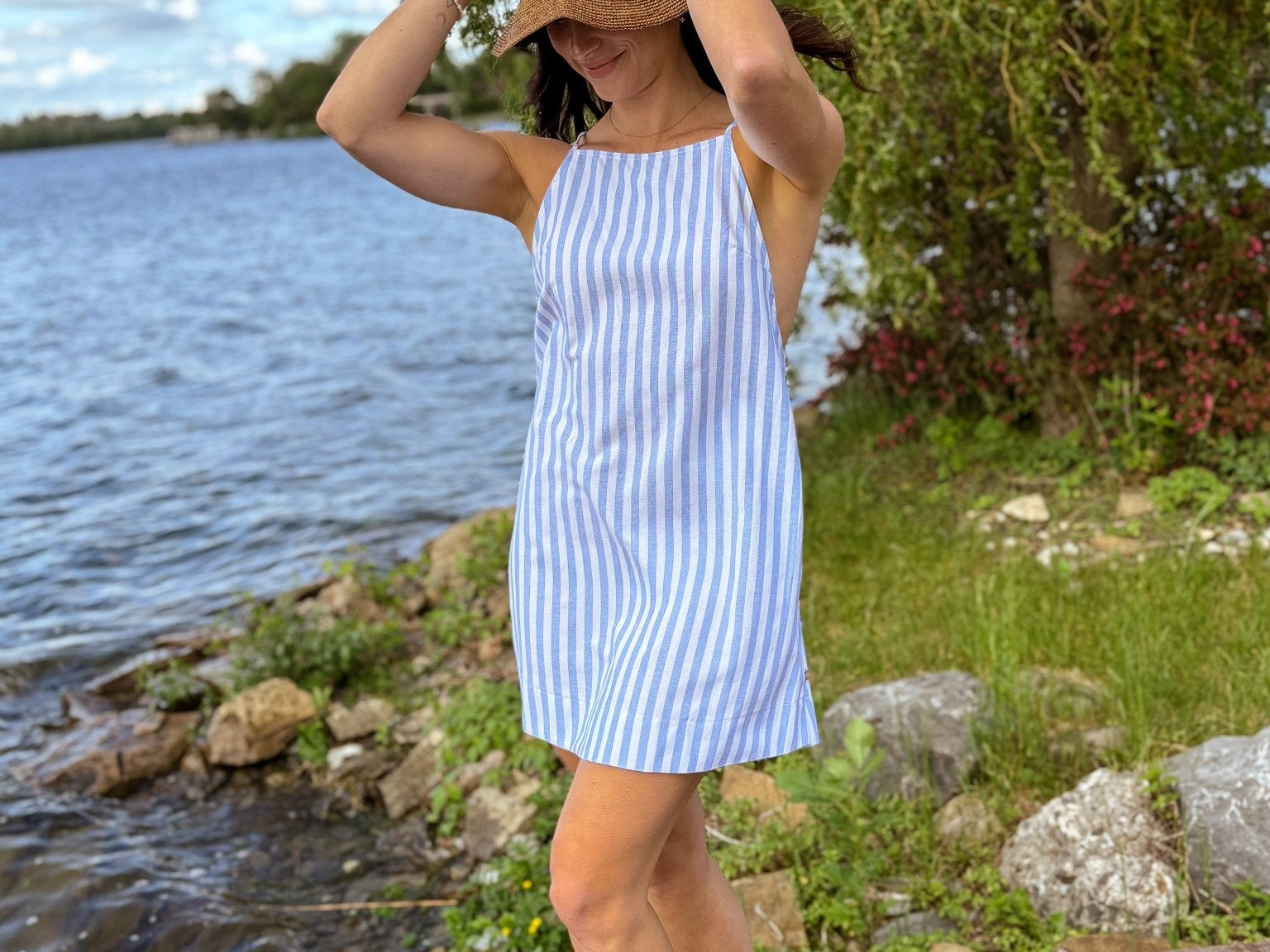 Muskoka Striped Straight Neck Knee-Length Dress in Blue - Love and Lee Apparel
