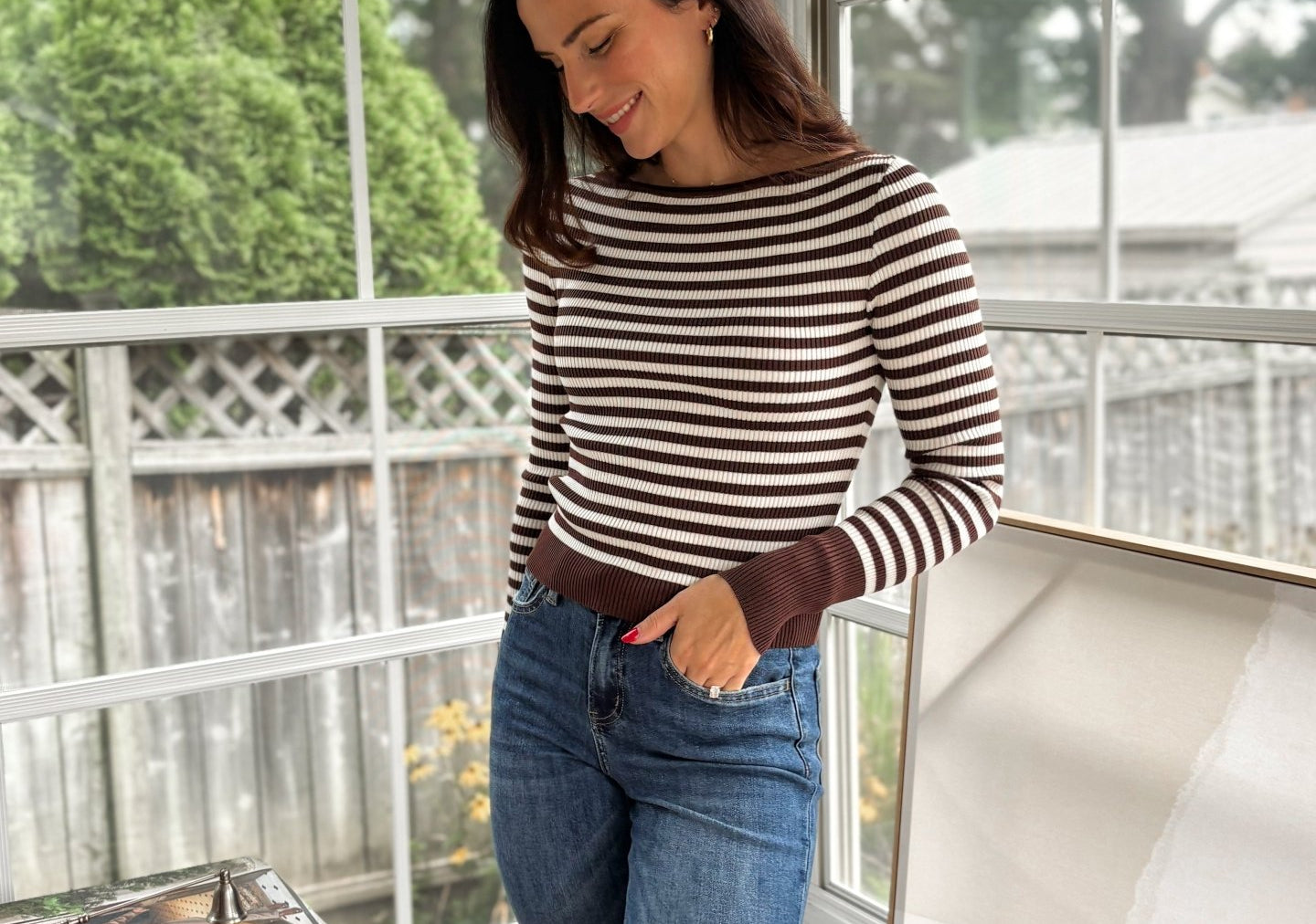 'Study Hall' Boat Neck Stripe Ribbed Long Sleeve Sweater Top - Love and Lee Apparel