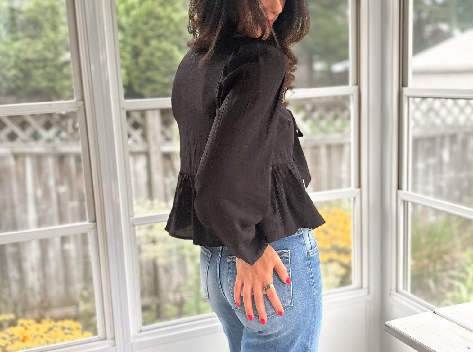 The Stevie Floral Eyelet Embroidery Front Tie Long Sleeve Top - Love and Lee Apparel