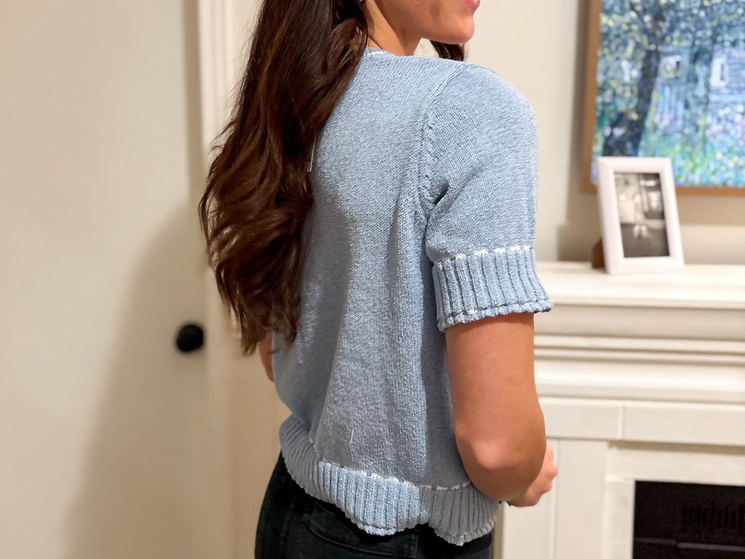 The Vivianne Short Sleeve Sweater with Contrast Color Stitch in Powder Blue - Love and Lee Apparel