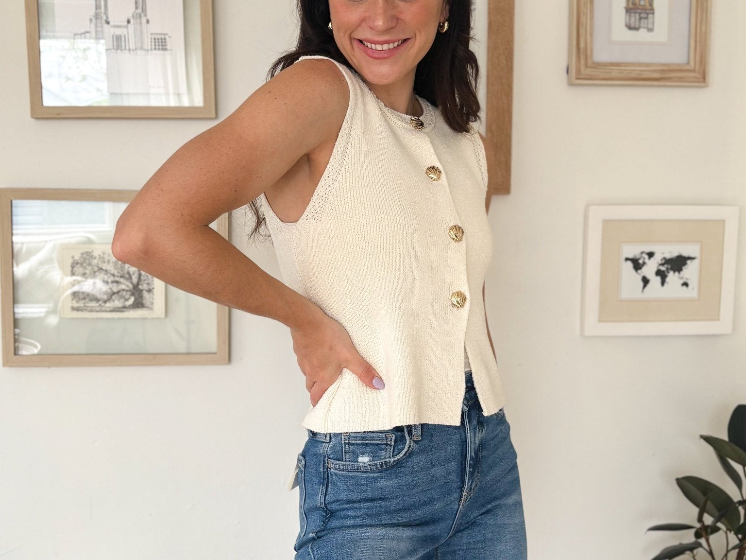 The Regan Gold Seashell Button Down Knit Vest in Cream - Love and Lee Apparel