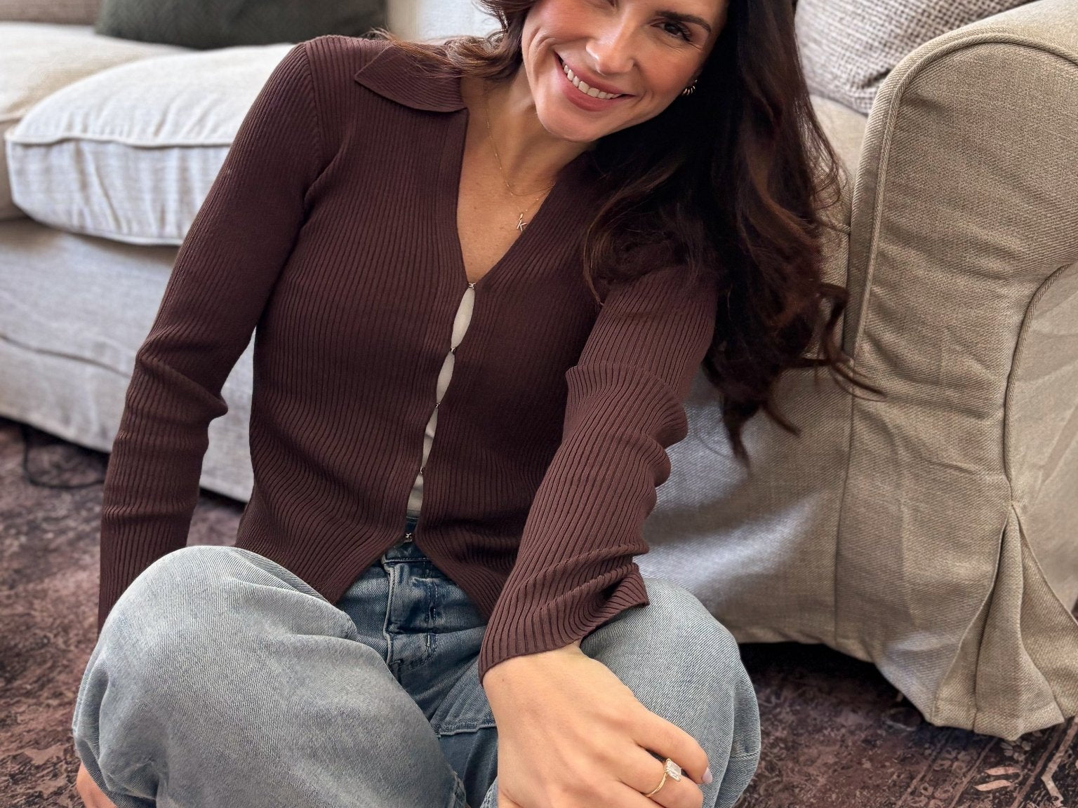 The Cora Front Hook Collared Long Sleeve Knit Cardigan in Brown - Love and Lee Apparel