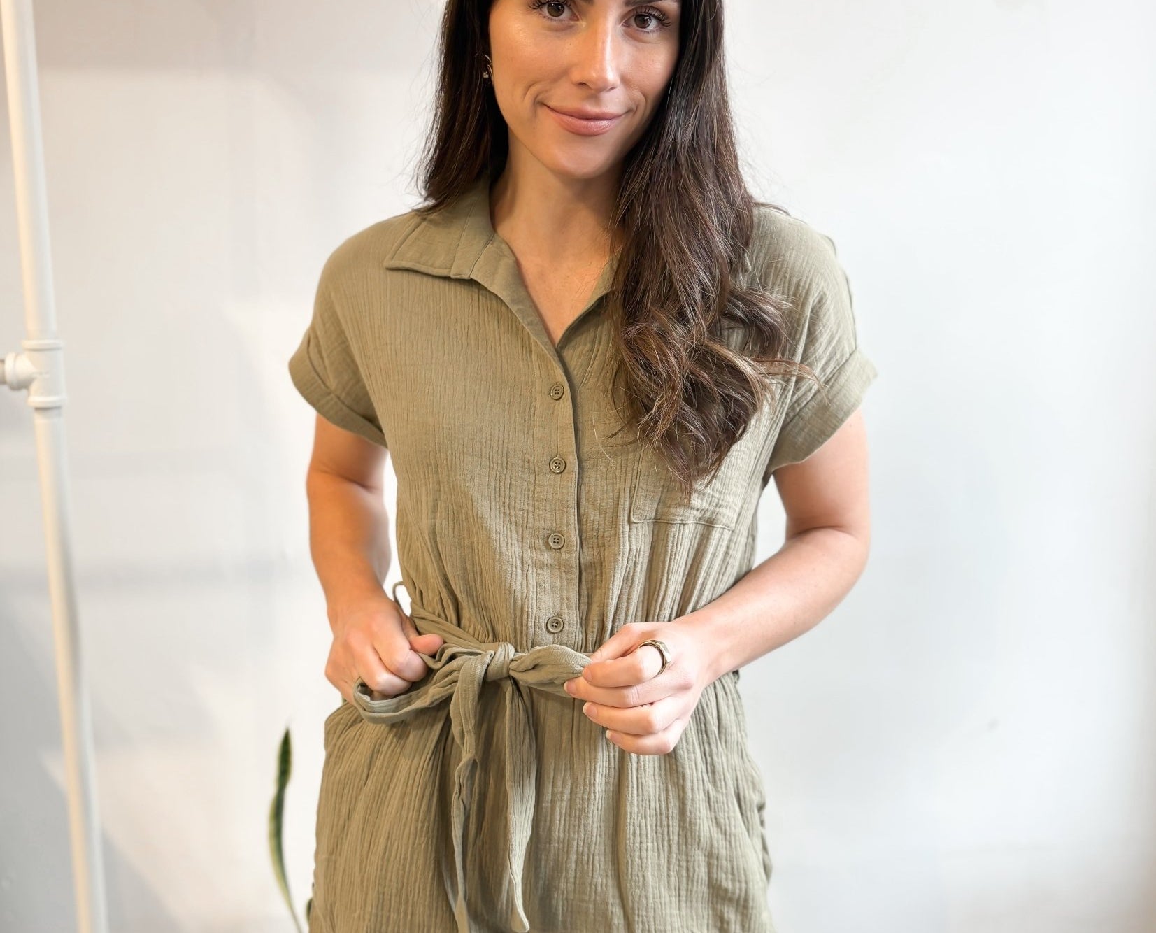 The Camilla Collared Short Sleeve Belted Romper - Love and Lee Apparel