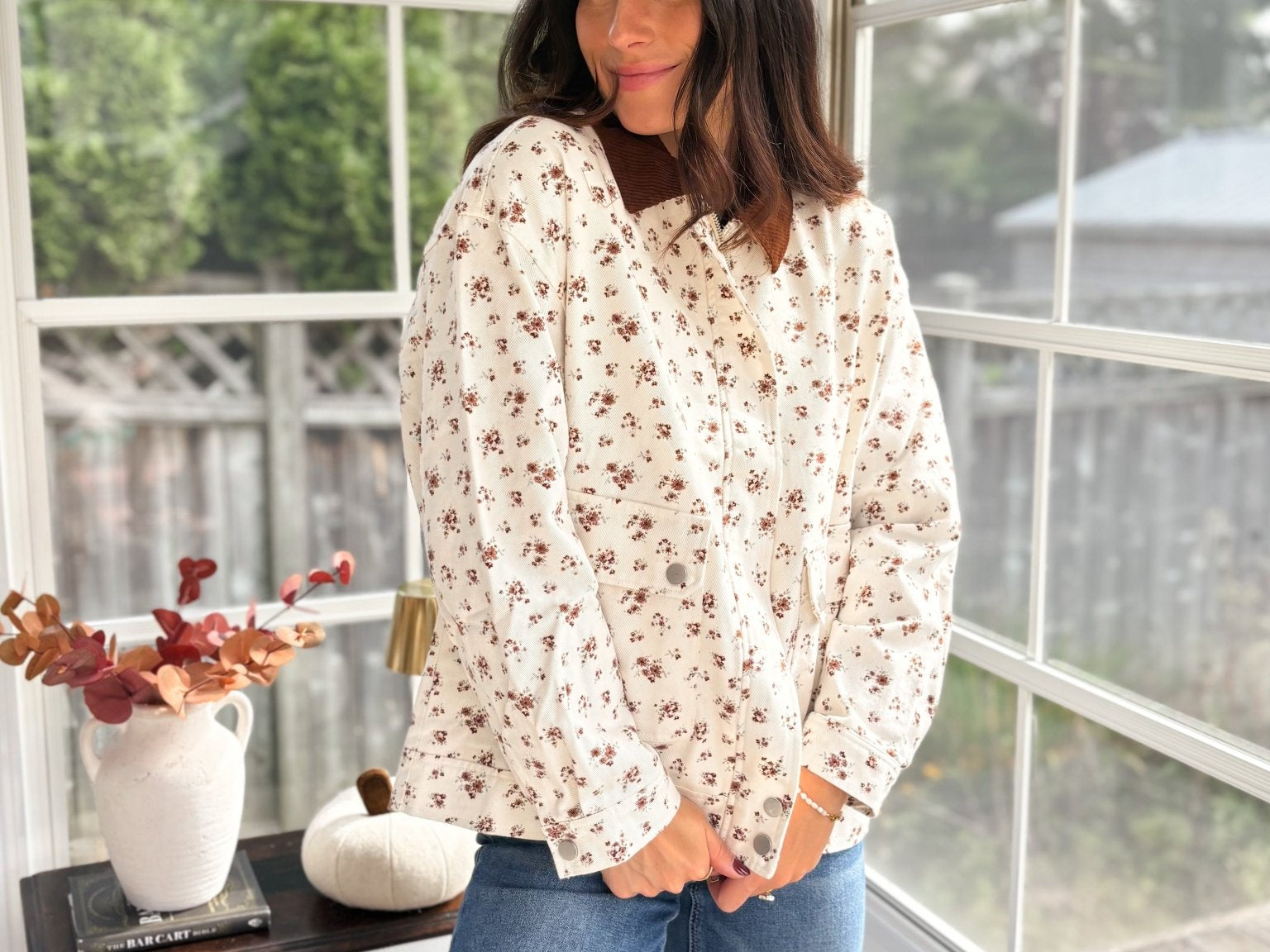 Golden Grove Floral Corduroy Collar Denim Jacket - Love and Lee Apparel