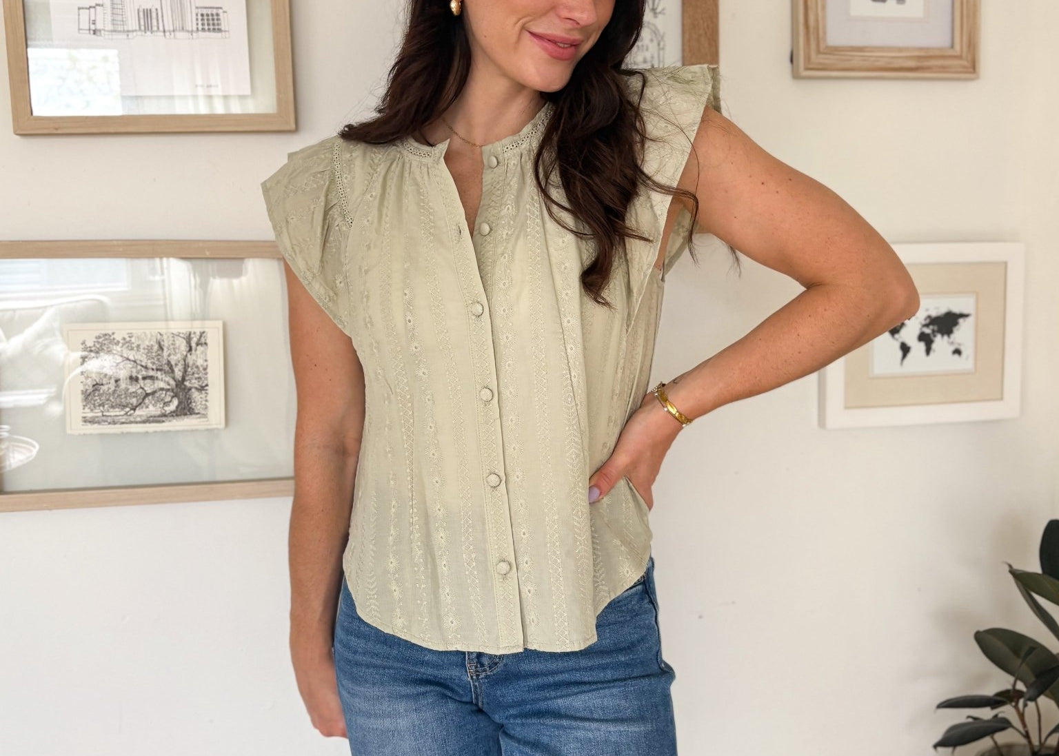 The Pheobe Flutter Sleeve Button Down Embroidered Top - Love and Lee Apparel