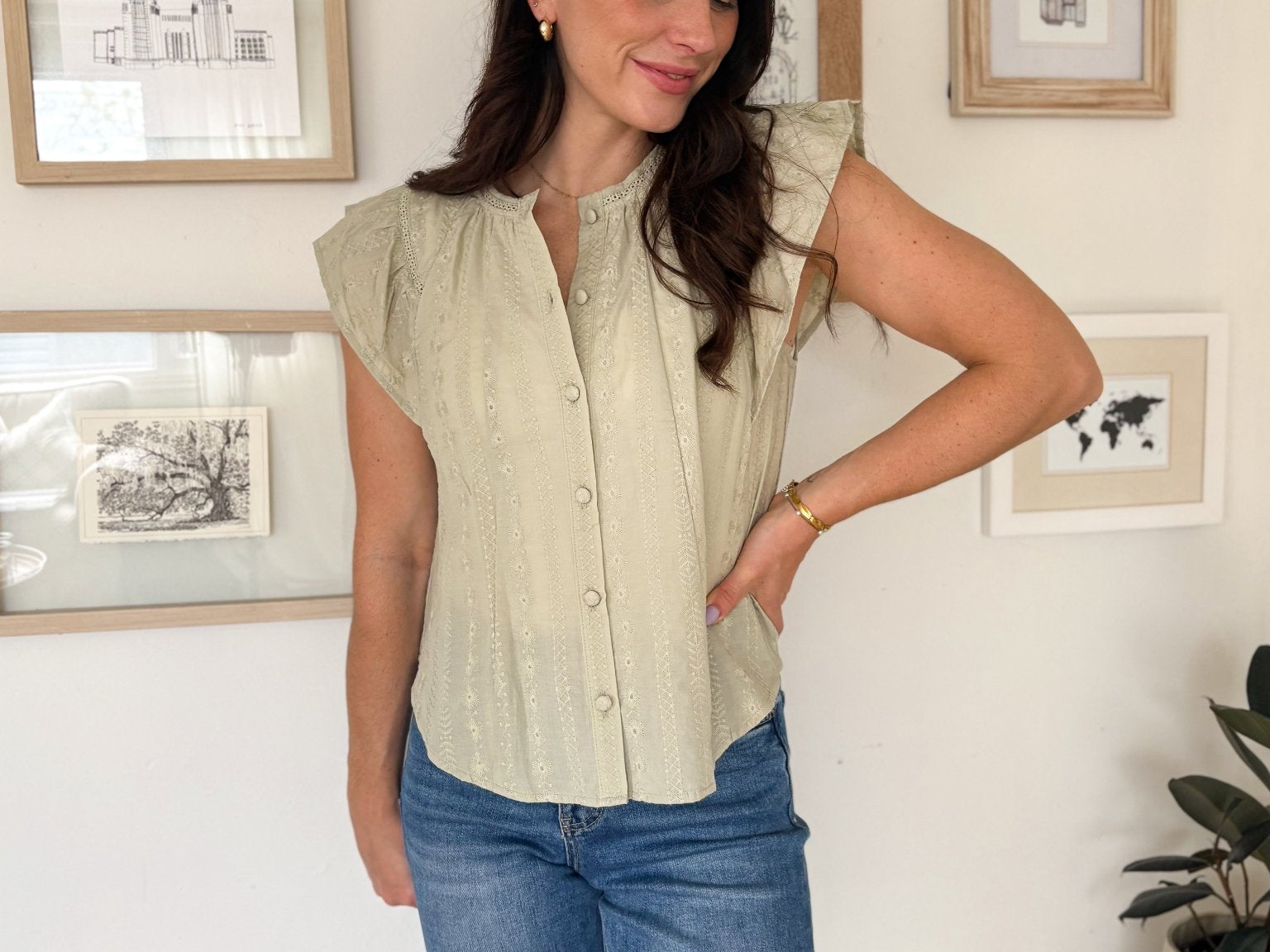 The Pheobe Flutter Sleeve Button Down Embroidered Top - Love and Lee Apparel