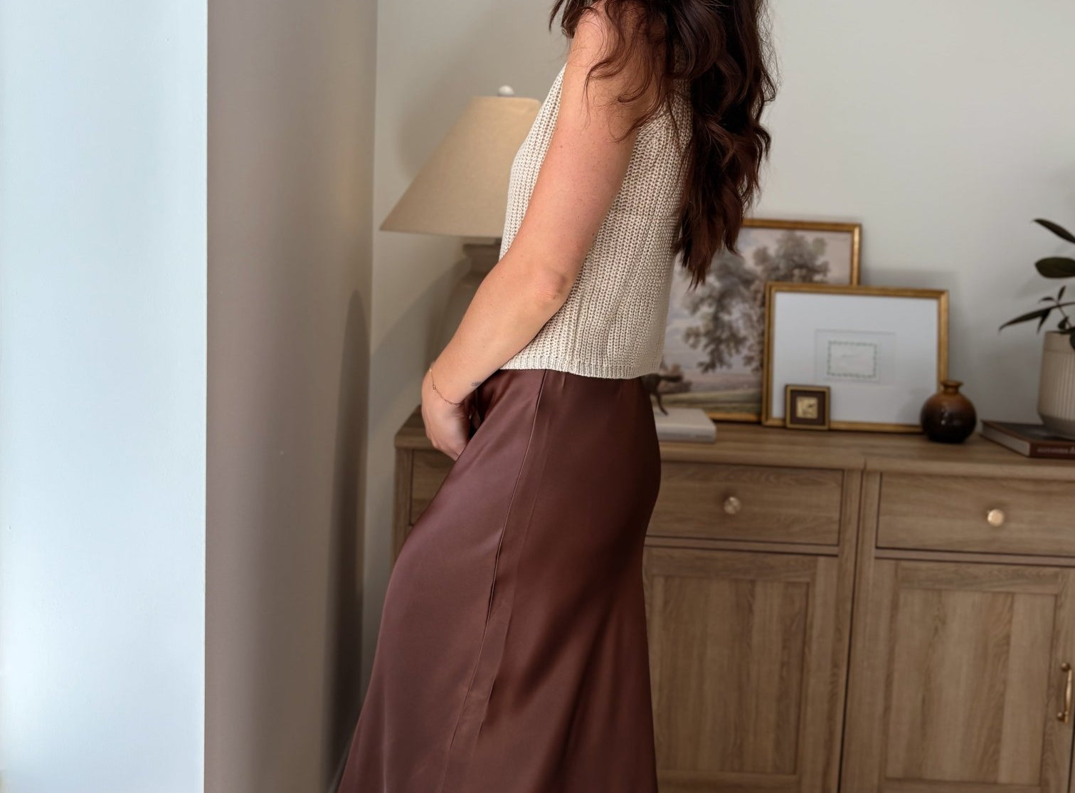 The Magnolia Satin Midi Skirt in Chocolate Brown - Love and Lee Apparel