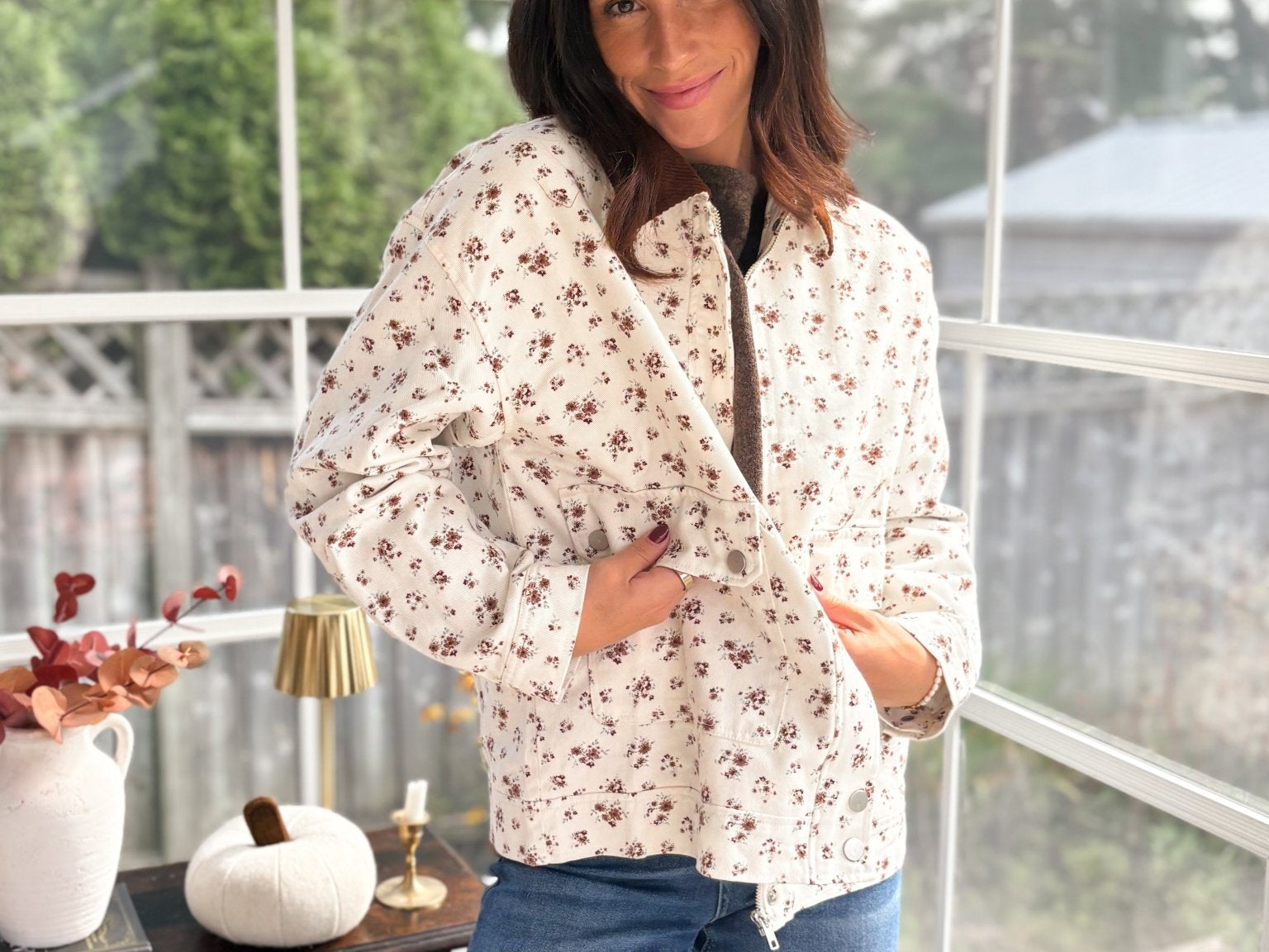 Golden Grove Floral Corduroy Collar Denim Jacket - Love and Lee Apparel