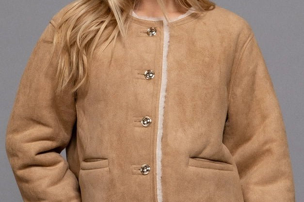 The Monique Long Sleeve Gold Button Closure Inner Fur Faux Suede Jacket - Love and Lee Apparel