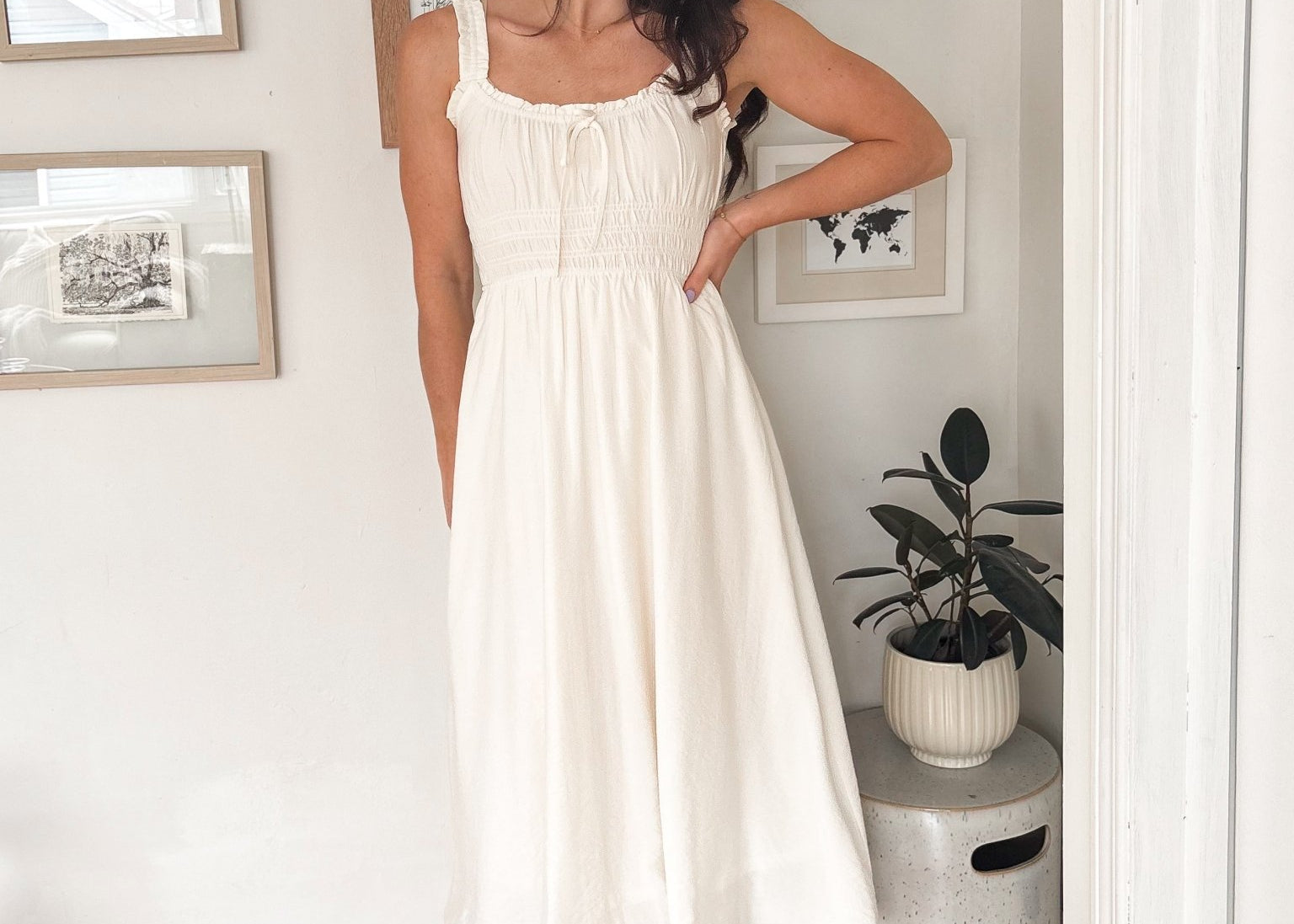 The Avery Spaghetti Strap Front Tie Shirred Waist Midi Dress - Love and Lee Apparel