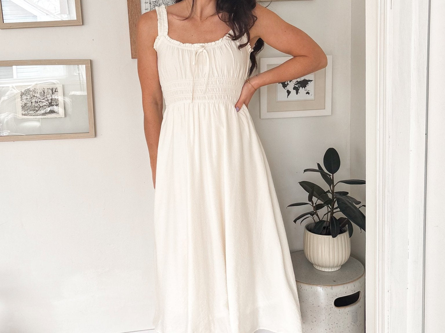 The Avery Spaghetti Strap Front Tie Shirred Waist Midi Dress - Love and Lee Apparel
