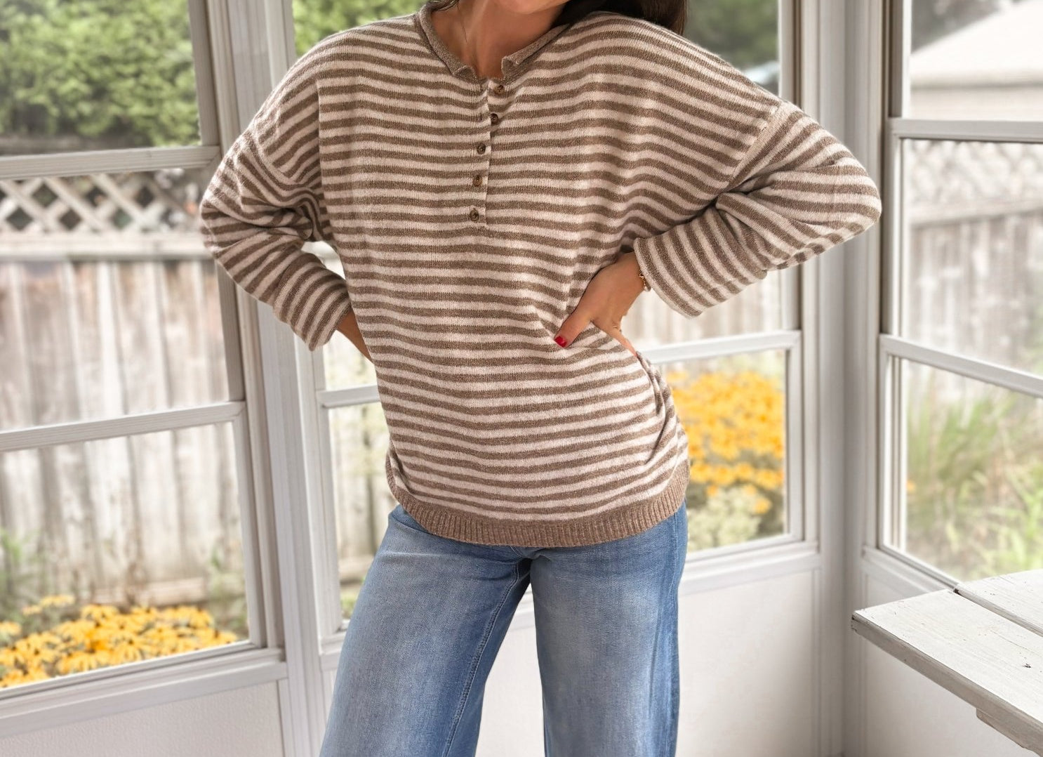 The Clover Button & Stripe Henley Drop Shoulder Sweater - Love and Lee Apparel