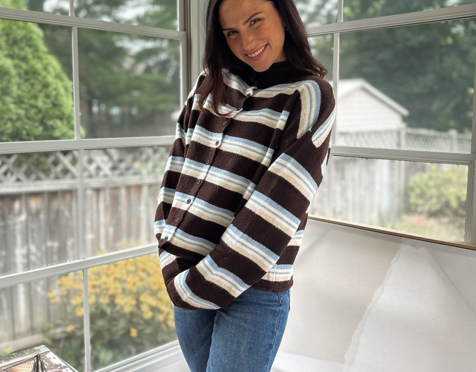 'Yale Bookclub' Multi-Color Stripe Rolled Neck Knit Cardigan - Love and Lee Apparel