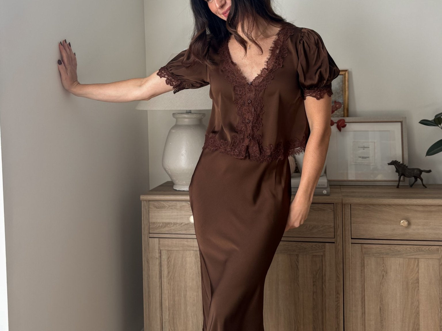 The 'Harvest House' Satin Lace Trim V Neck Puff Sleeve Blouse - Love and Lee Apparel