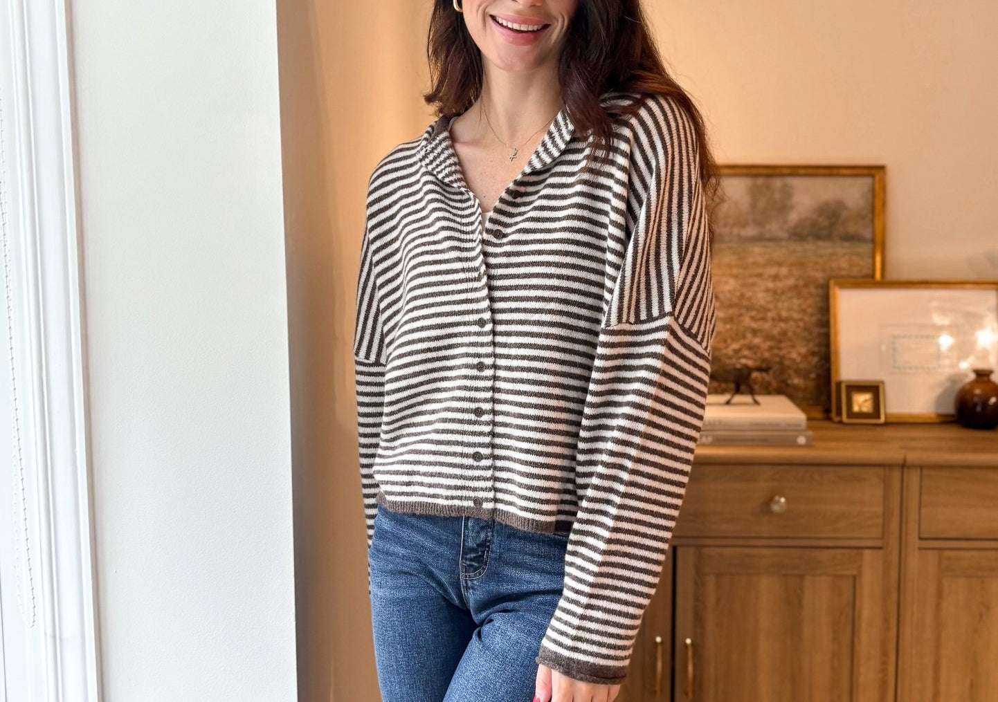 The Autumn Air Stripe Raw Edge Drop Shoulder Knit Cardigan - Love and Lee Apparel