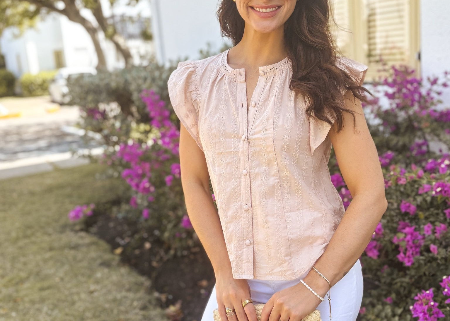 The Fiona Flutter Sleeve Button Down Embroidered Top - Love and Lee Apparel