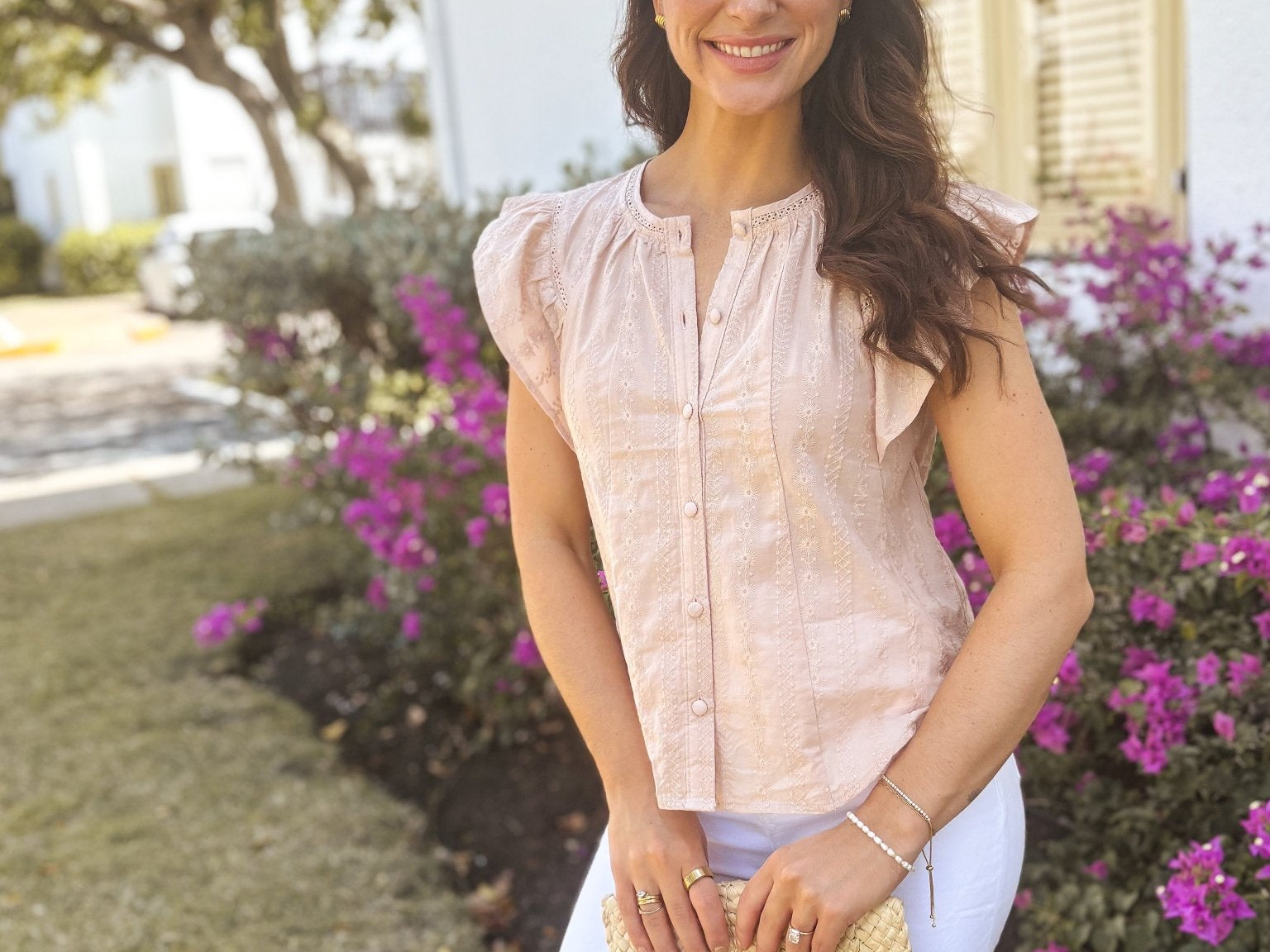 The Fiona Flutter Sleeve Button Down Embroidered Top - Love and Lee Apparel