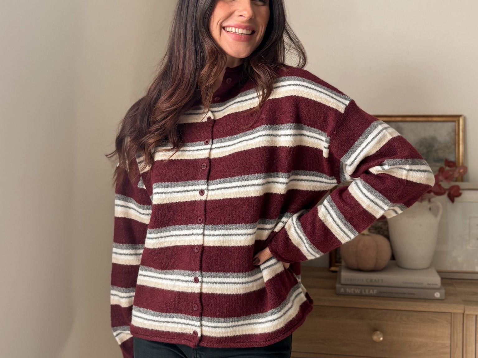 The 'Sparkling Cider' Multi-Color Stripe Rolled Neck Knit Cardigan - Love and Lee Apparel