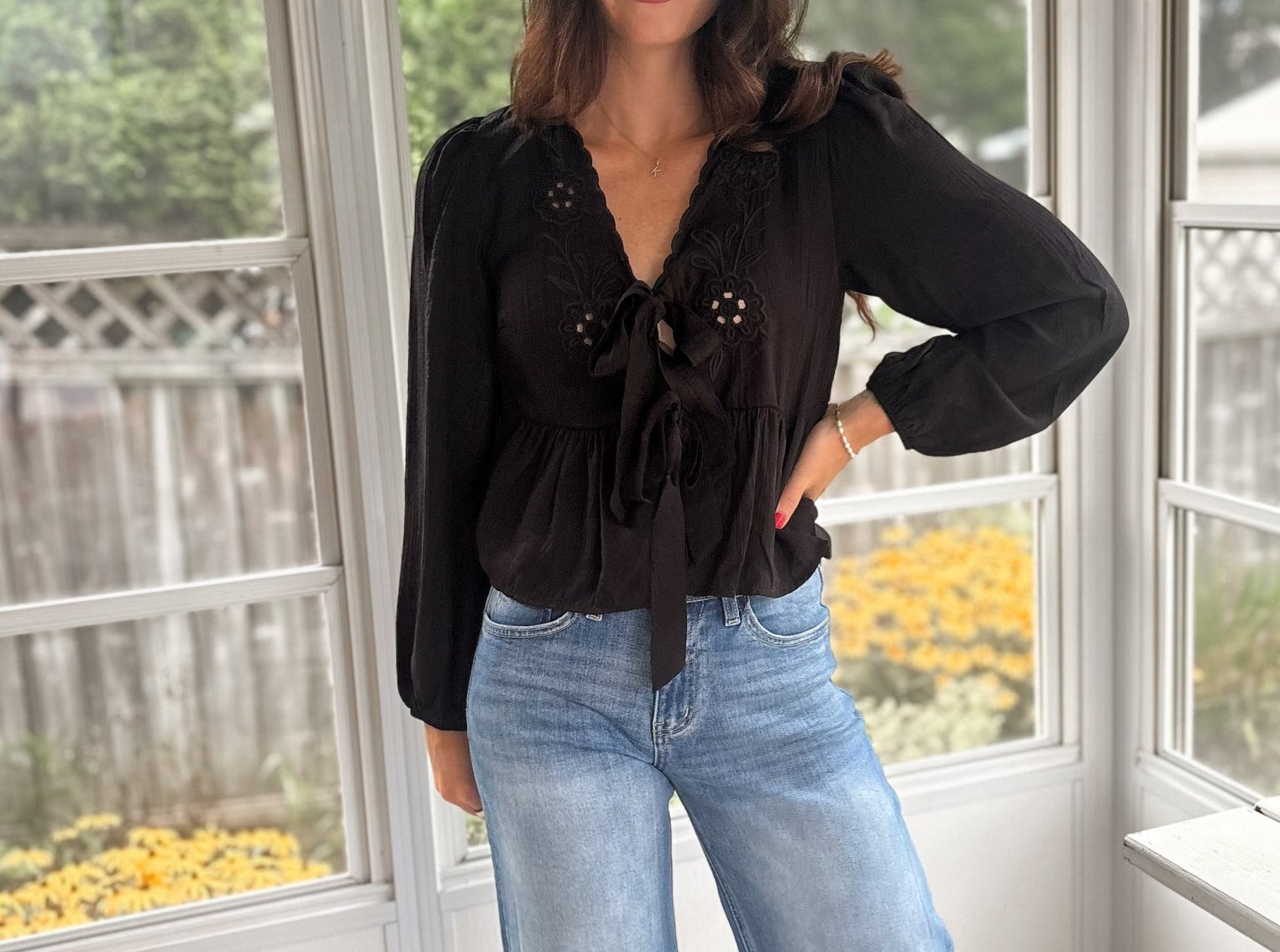 The Stevie Floral Eyelet Embroidery Front Tie Long Sleeve Top - Love and Lee Apparel