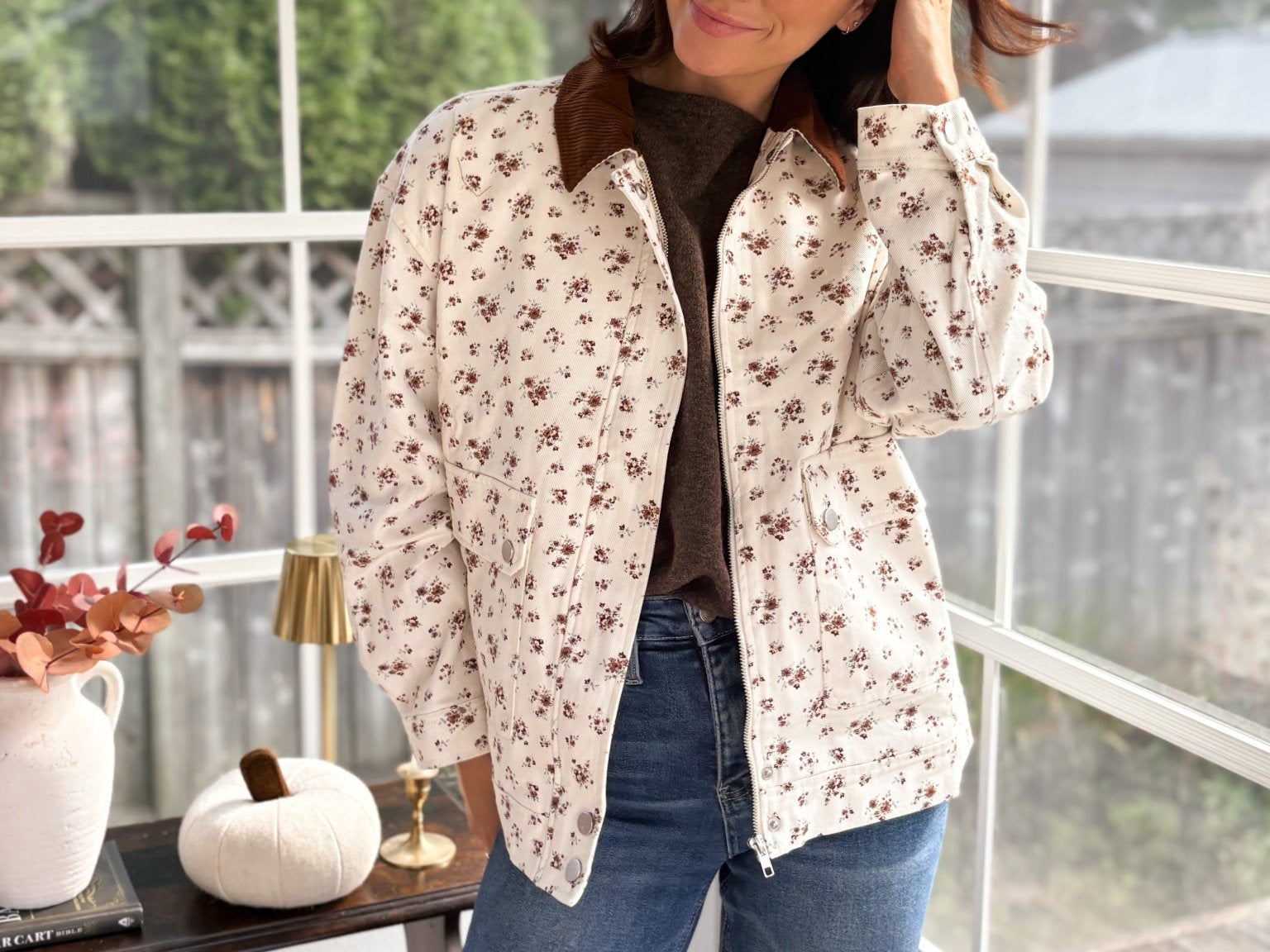 Golden Grove Floral Corduroy Collar Denim Jacket - Love and Lee Apparel