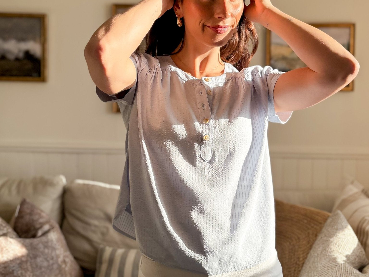 The Ruth Short Sleeve Henley Detail Blouse with Ruched Shoulder - Love and Lee Apparel