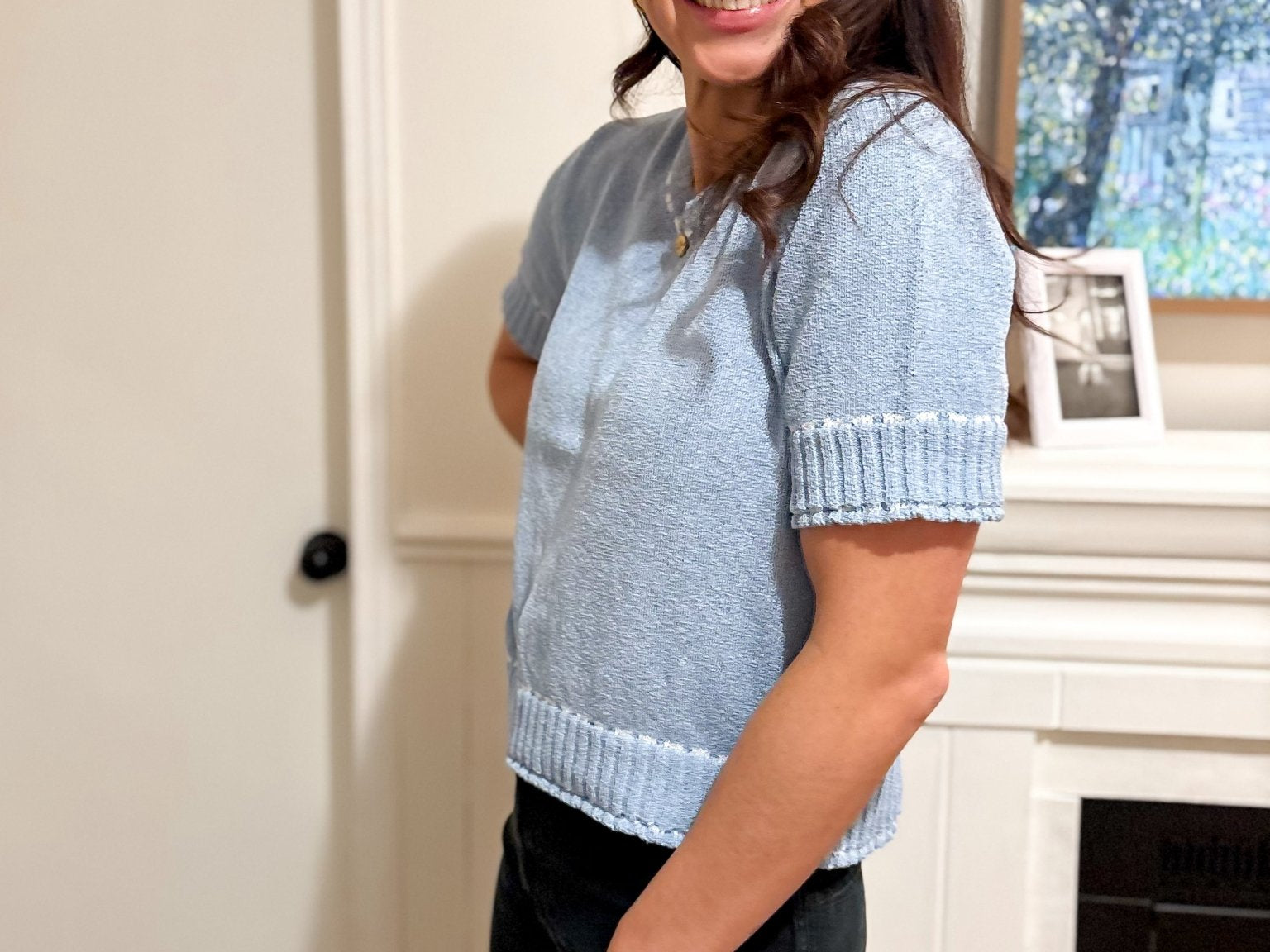 The Vivianne Short Sleeve Sweater with Contrast Color Stitch in Powder Blue - Love and Lee Apparel