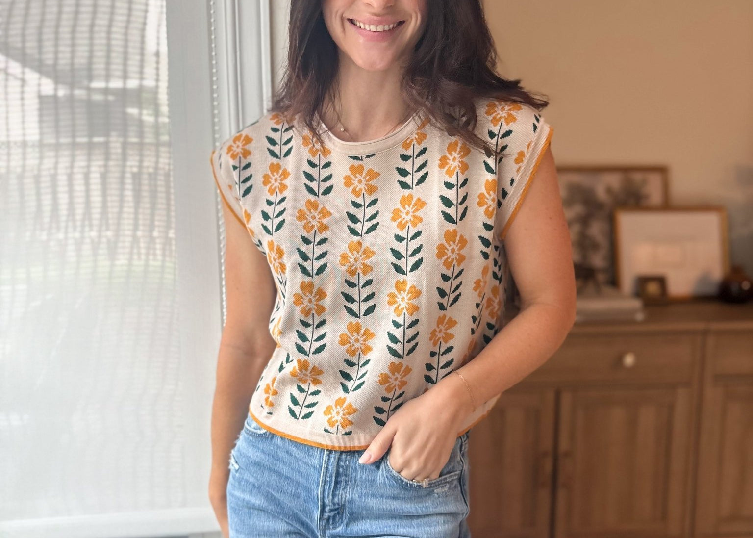 The Hattie Vintage Floral Knit Top Cap Sleeve Lightweight Sweater - Love and Lee Apparel