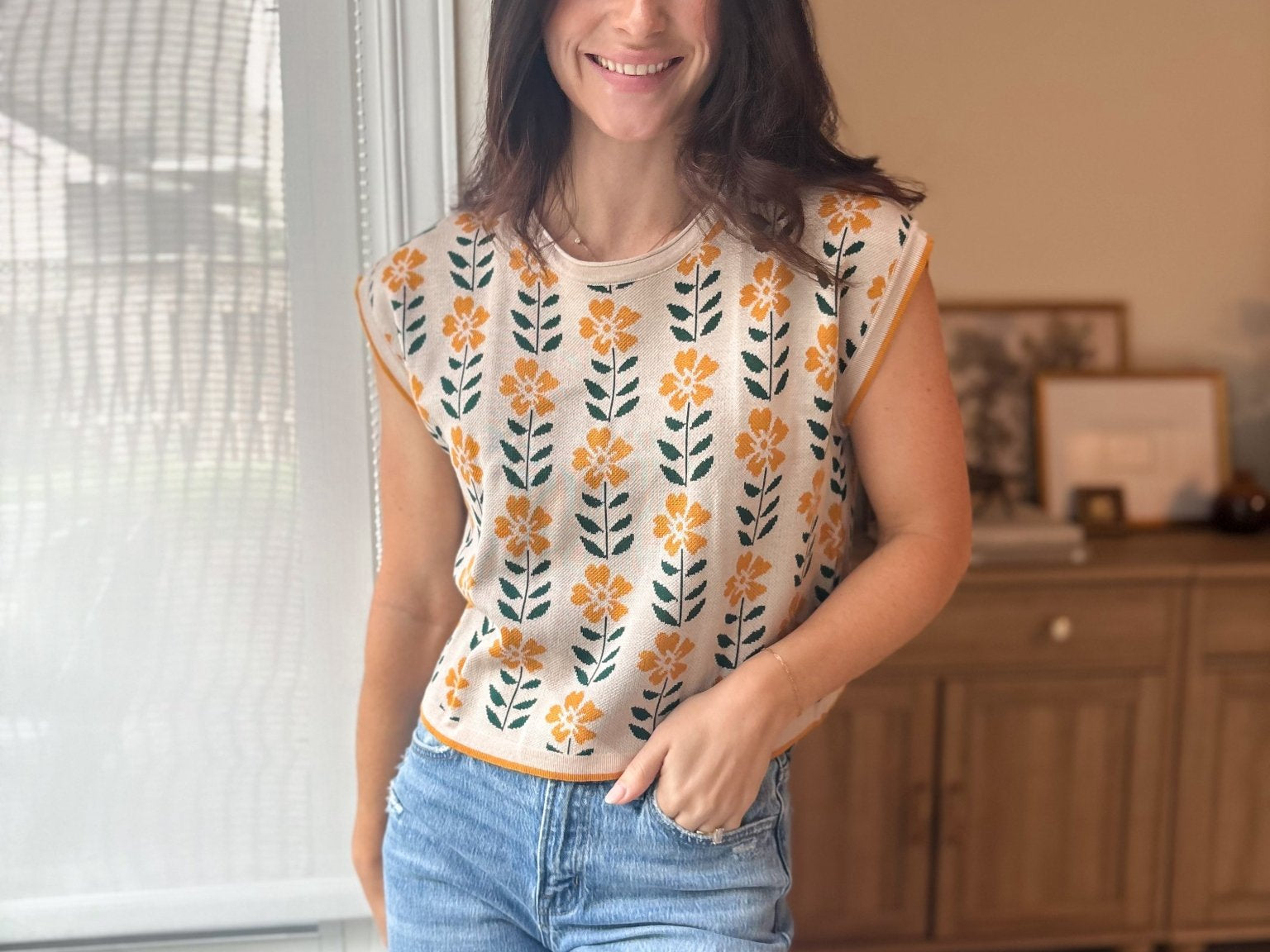 The Hattie Vintage Floral Knit Top Cap Sleeve Lightweight Sweater - Love and Lee Apparel