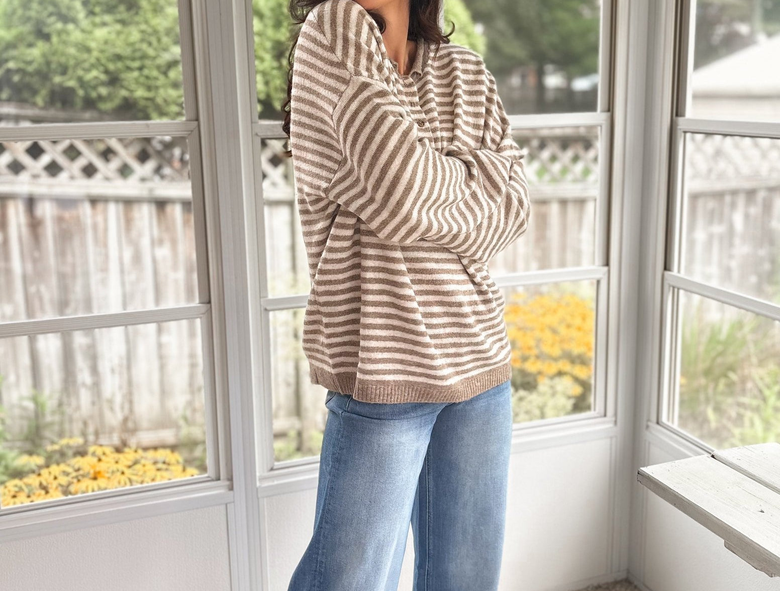 The Clover Button & Stripe Henley Drop Shoulder Sweater - Love and Lee Apparel