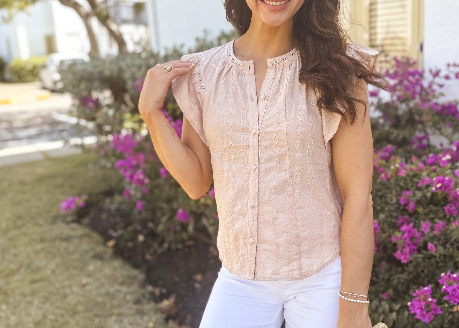 The Fiona Flutter Sleeve Button Down Embroidered Top - Love and Lee Apparel