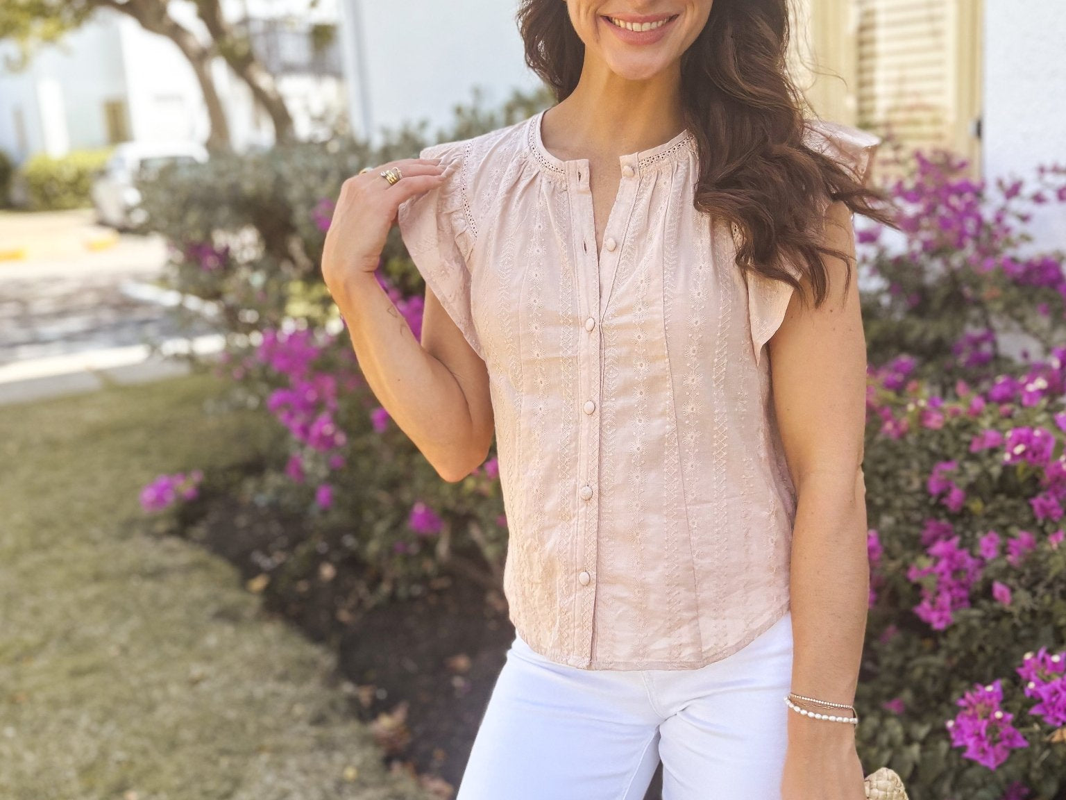 The Fiona Flutter Sleeve Button Down Embroidered Top - Love and Lee Apparel