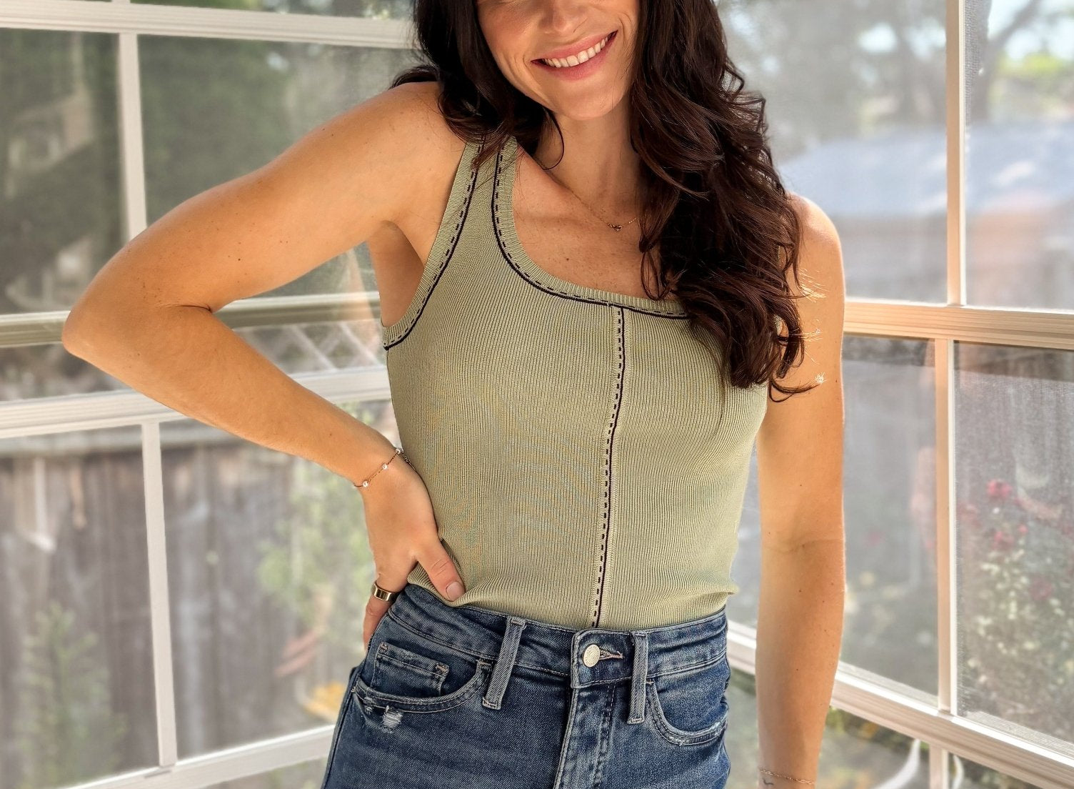 Tawny Contrast Line Stitch Detail Knit Tank - Love and Lee Apparel