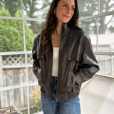 'The Varsity Club' Collared Zip-Up Faux Leather Bomber Jacket - Love and Lee Apparel