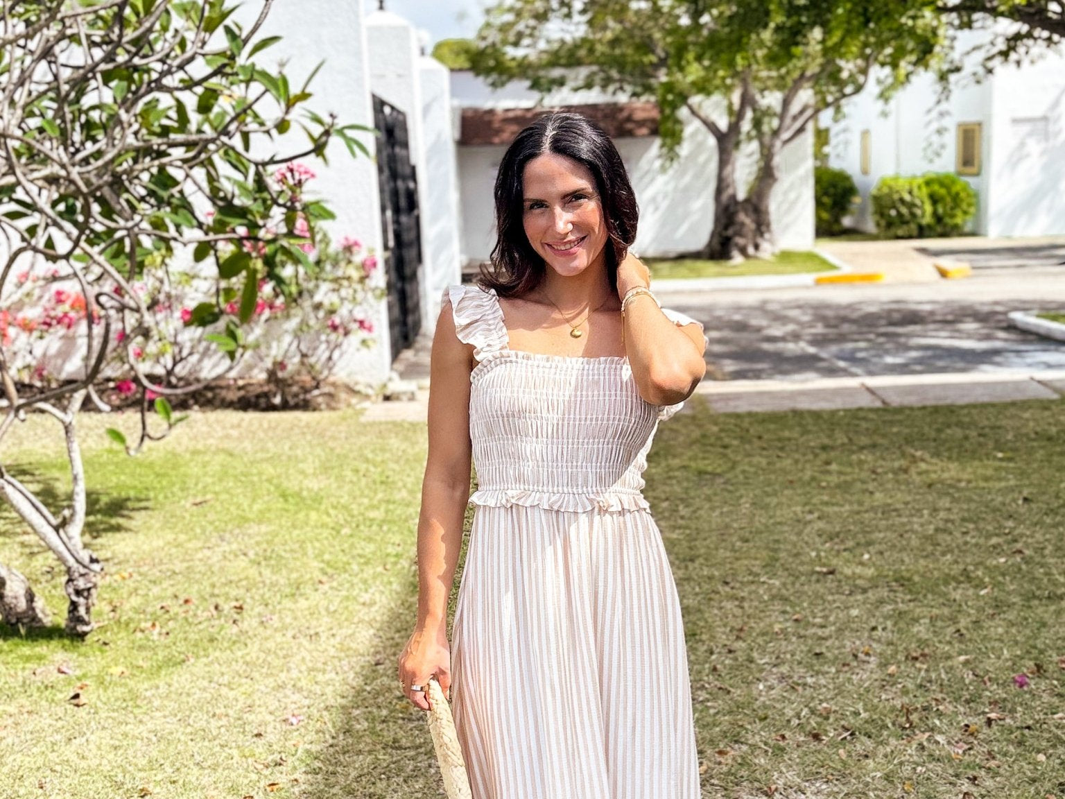 The Macy Stripe Smocked Ruffle Trim Midi Dress - Love and Lee Apparel