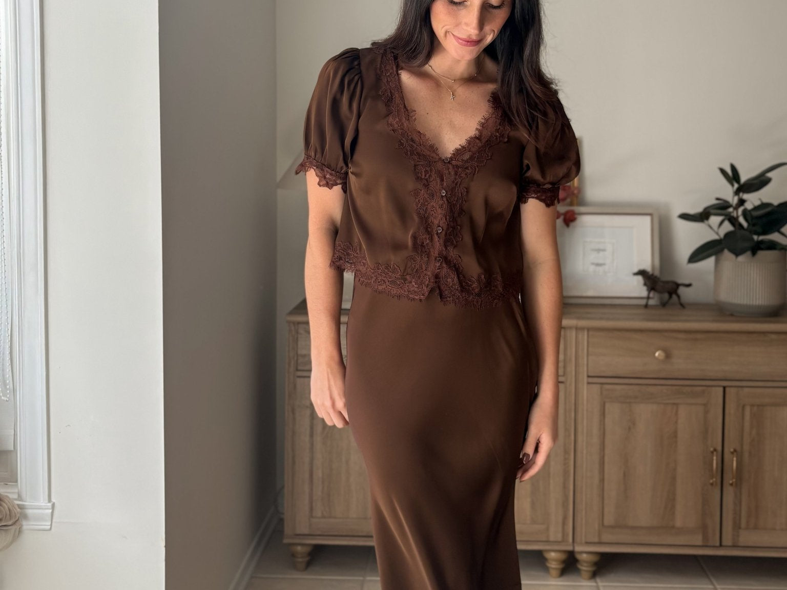 The 'Harvest Gathering' Satin Lace Hem Slip-On Pencil Skirt - Love and Lee Apparel