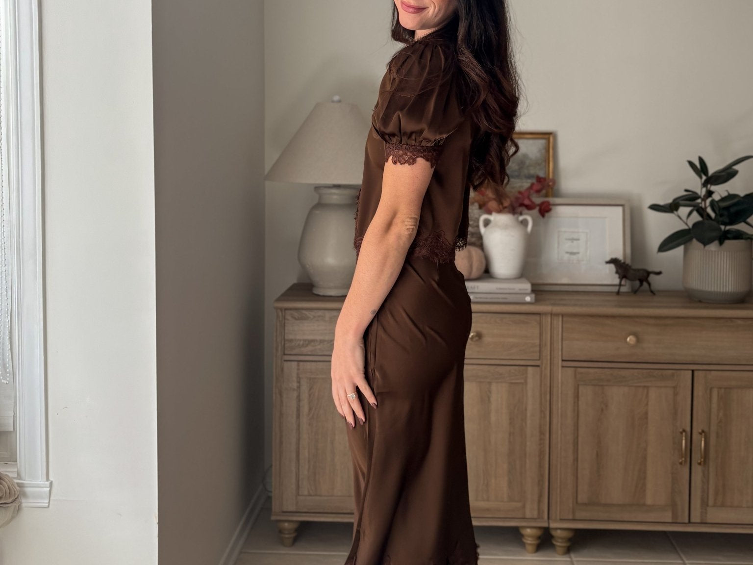 The 'Harvest Gathering' Satin Lace Hem Slip-On Pencil Skirt - Love and Lee Apparel