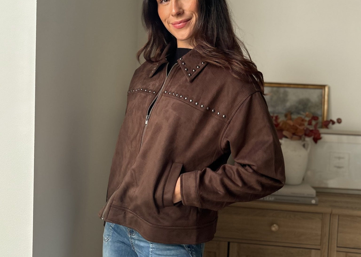 The 'Cozy Fireside' Studded Collared Zip-Up Suede Jacket - Love and Lee Apparel