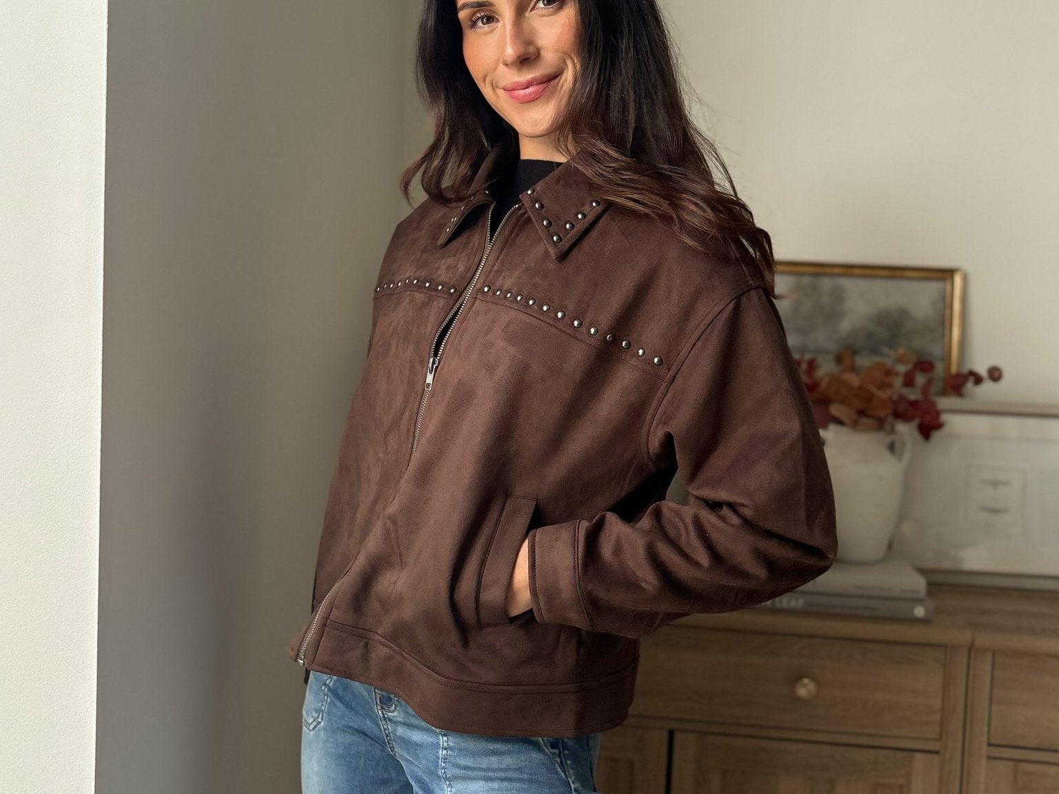 The 'Cozy Fireside' Studded Collared Zip-Up Suede Jacket - Love and Lee Apparel