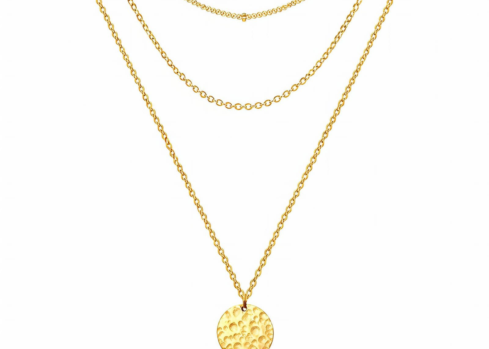 Multi - Layer Necklace with Hammered Gold Disc - 18K Gold Plated Steel - Love and Lee Apparel